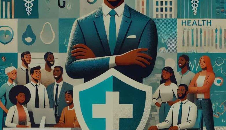 An illustration of a Nigerian business owner surrounded by happy and healthy employees, symbolizing health insurance for SMEs in Nigeria. The scene is set in a vibrant office environment with rich colors like blue, green, and orange, featuring African-inspired patterns in the background. A shield symbol, representing health protection, is integrated into the design.